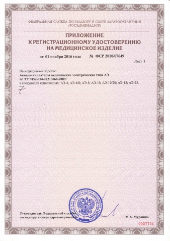 Регистрационное удостоверение на дистилляторы АЭ (Приложение)